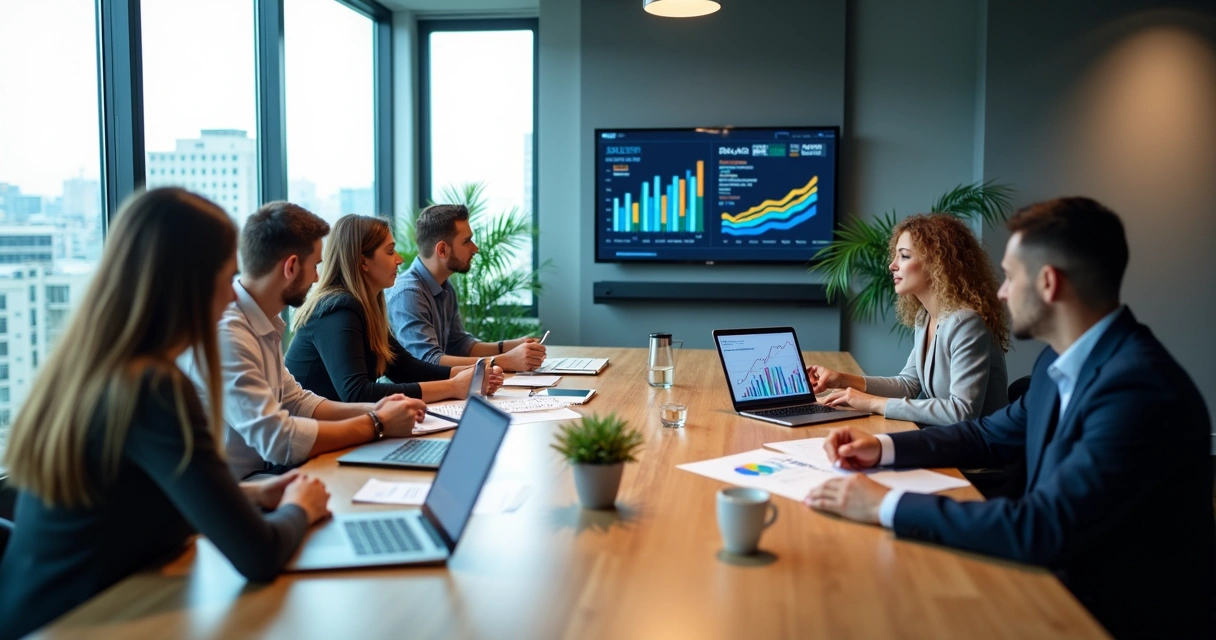Equipe de marketing reunida em escritório moderno analisando gráficos em notebooks 
