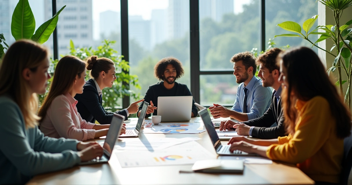 Equipe de marketing reunida em uma agência, discutindo estratégia 