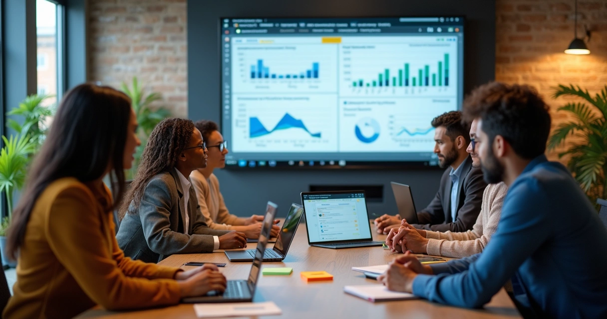 Equipe de marketing reunida planejando estratégia digital 