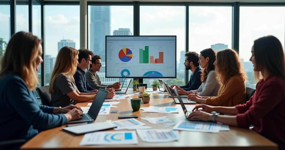 Equipe de marketing reunida em sala de reunião com material gráfico sobre a mesa 