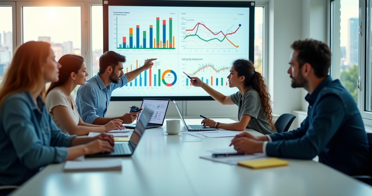 Equipe de marketing em reunião estratégica com computadores e gráficos em tela 