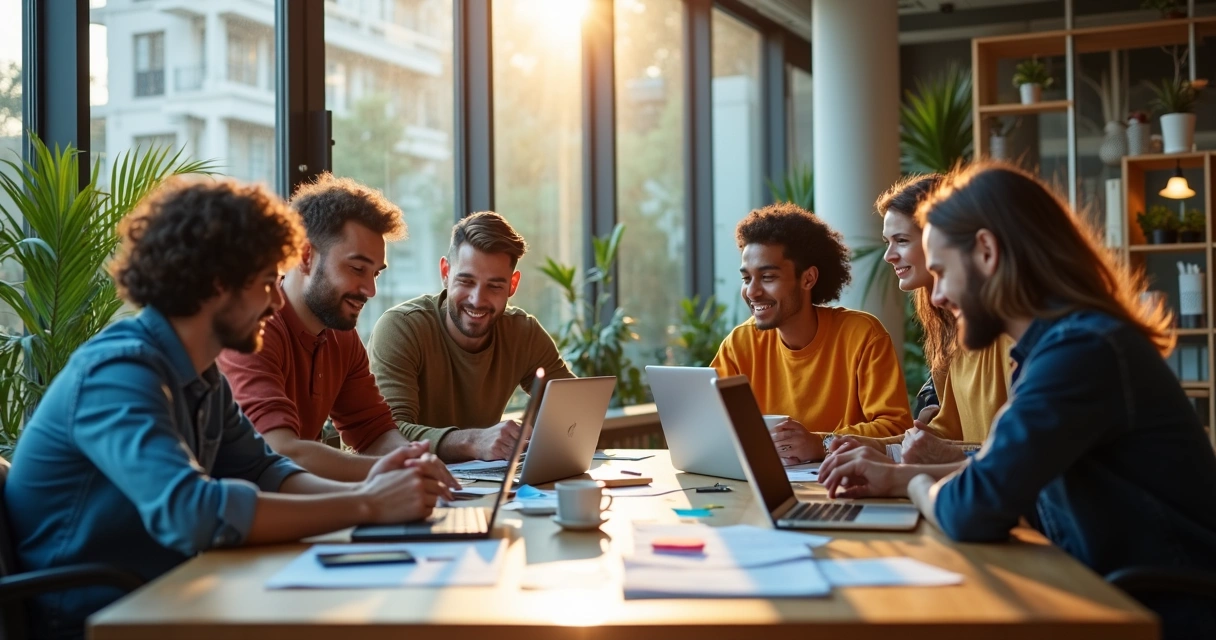 Equipe de marketing discutindo ideias em sala moderna 