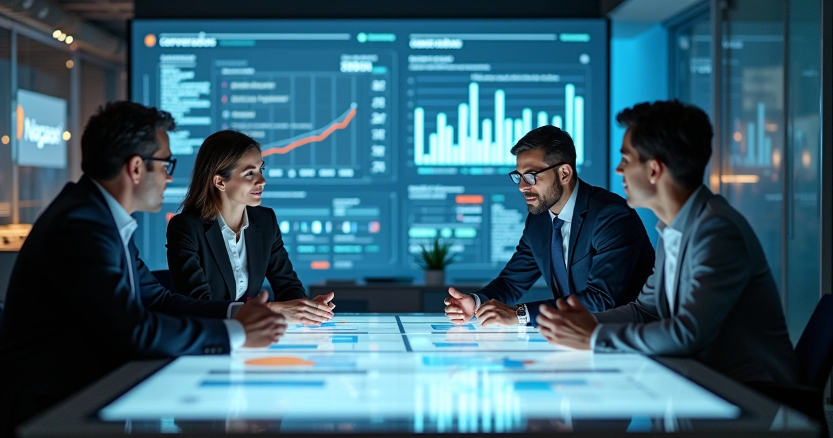 Equipe da Agência Nagase discutindo estratégias com gráficos em português 