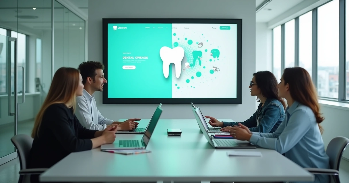 Equipe discutindo site de clínica dental. 