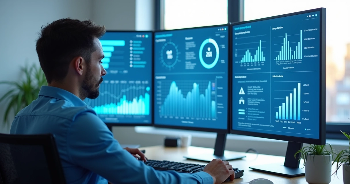 Profissional analisando dashboard de marketing odontológico, gráficos e funil de conversão exibidos em monitores 