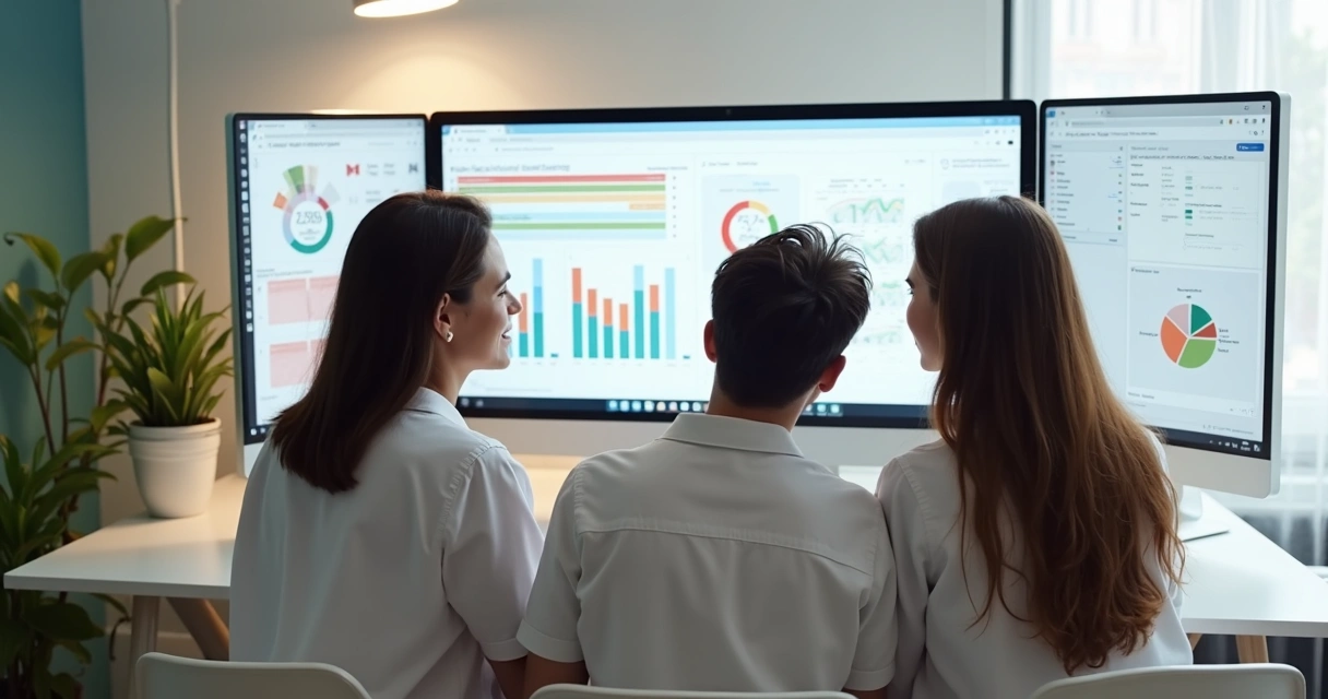 Equipe de clínica odontológica analisando gráficos simples no computador 
