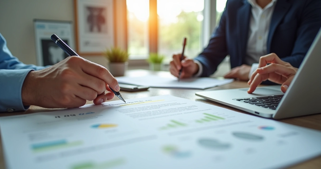 Reunião entre agência de marketing e clínica odontológica analisando normas do CFO em contrato 