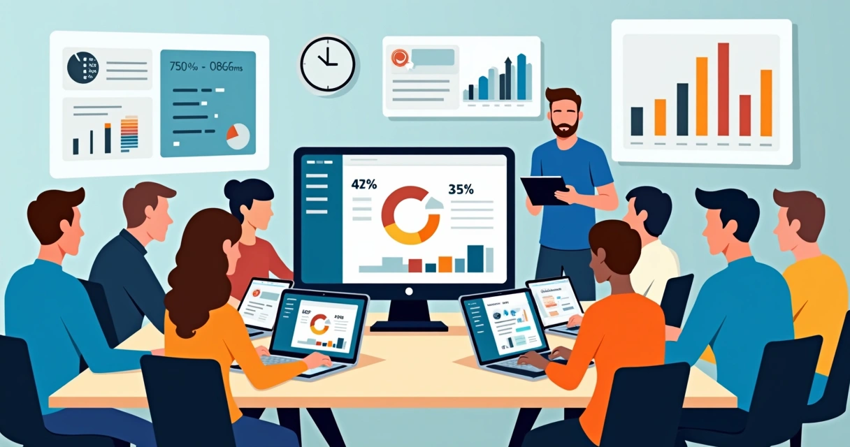 Equipe de agência digital criando e otimizando landing pages em computadores 