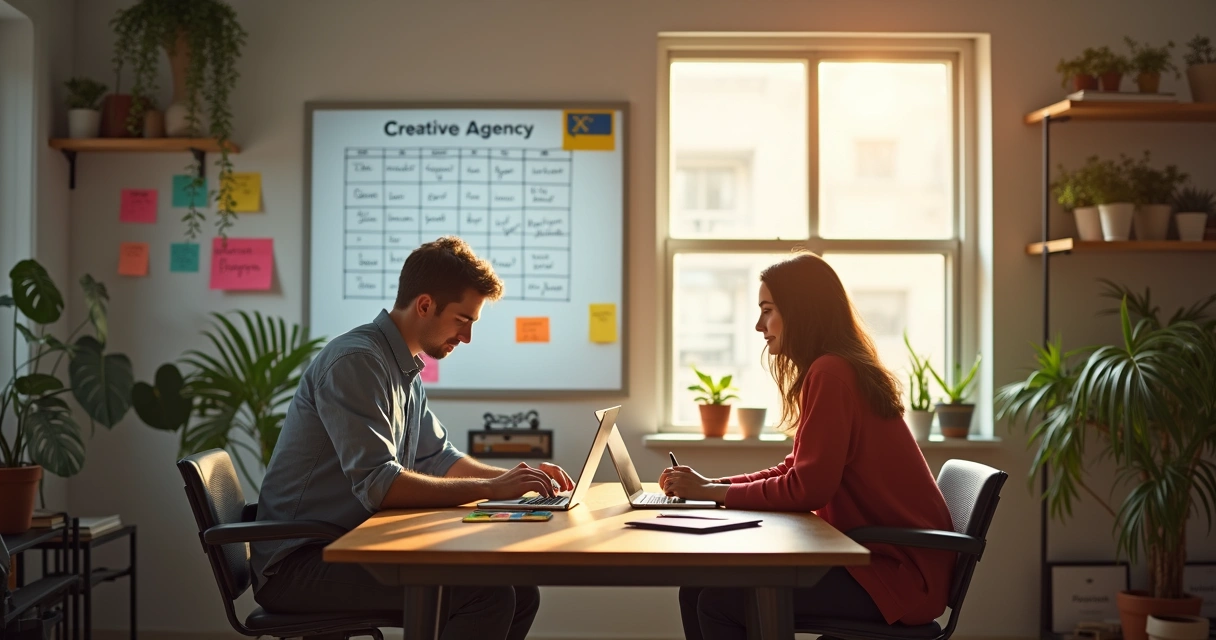 Ambiente de agência pequena com quadro de pontuação de leads 