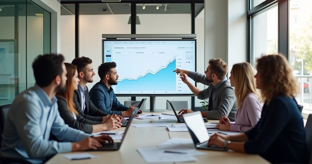 Equipe de agência reunida em volta de mesa analisando gráfico financeiro 