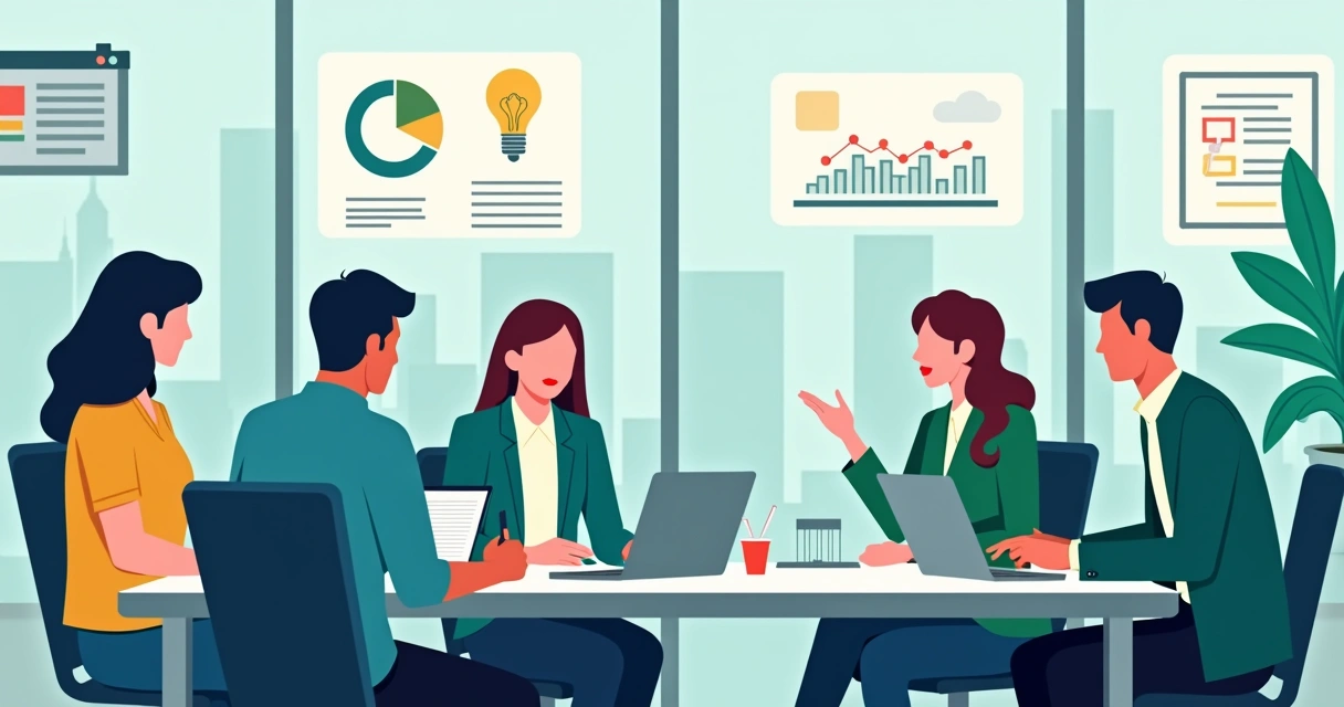 Equipe reunida em sala de reunião analisando estratégias de campanha publicitária. 