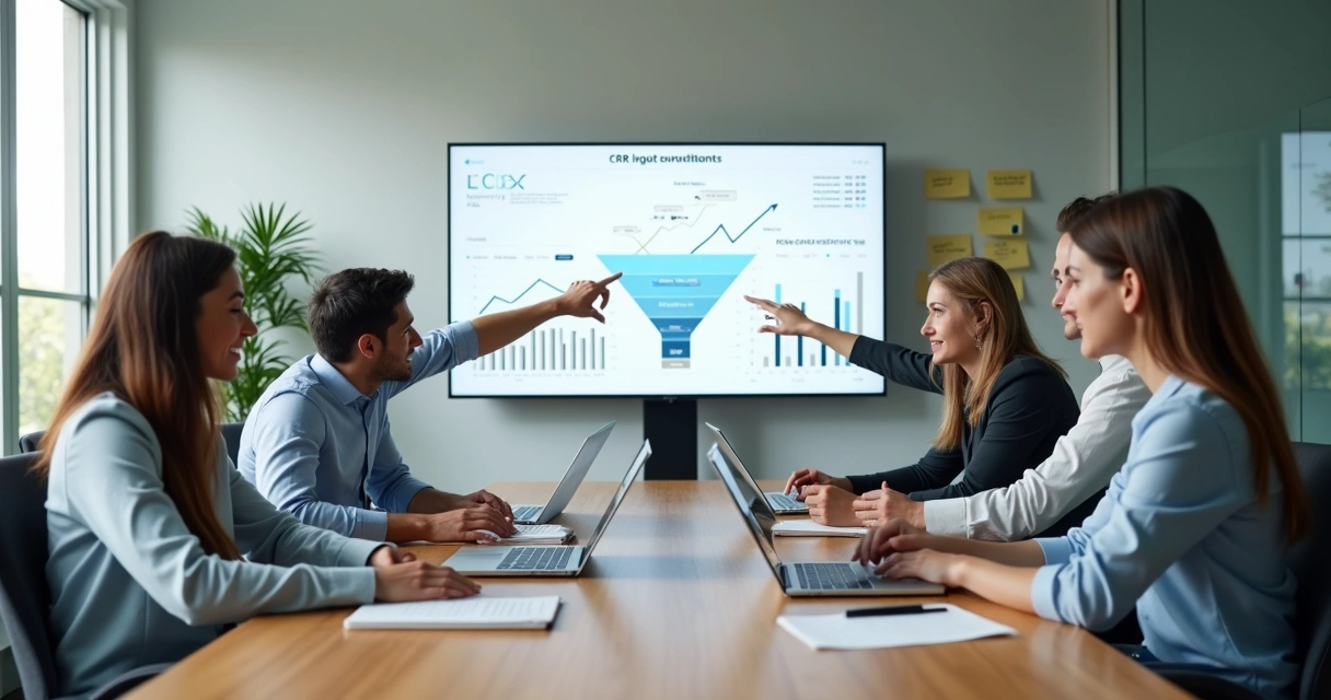 Equipe de agência digital em reunião estratégica com cliente B2B 