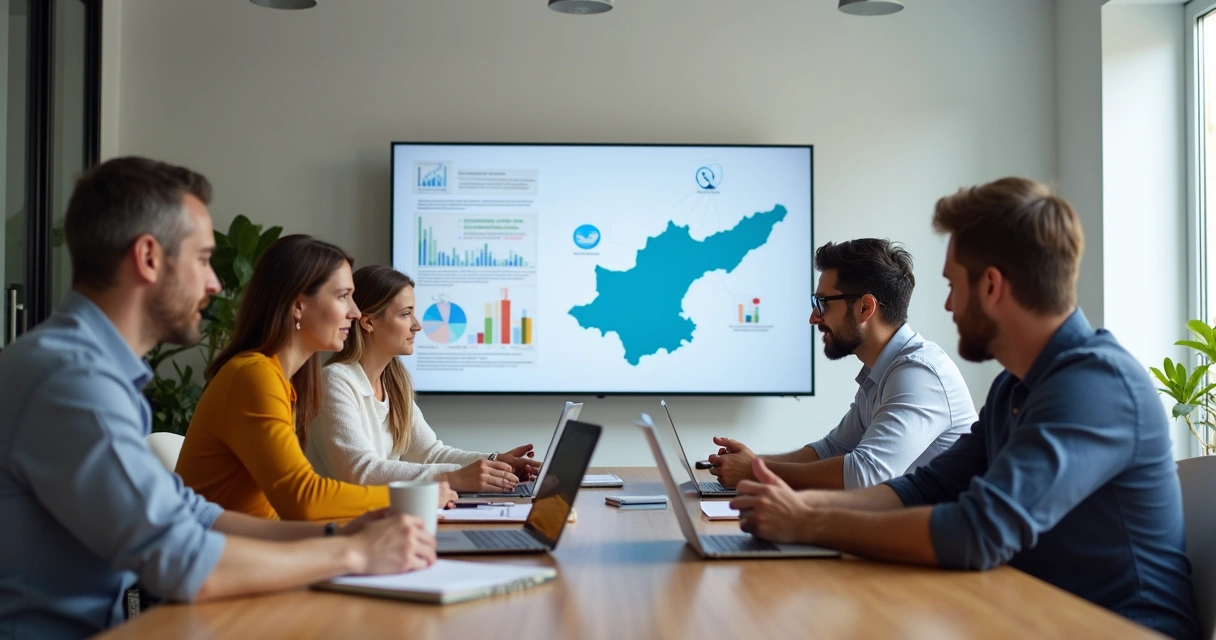 Equipe de marketing em reunião analisando gráficos e campanhas digitais 