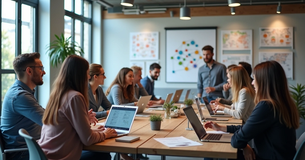 Reunião de equipe em agência de marketing digital 