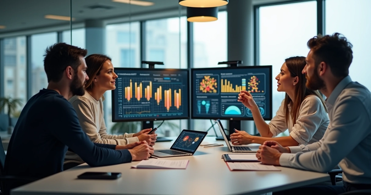 Equipe de marketing em uma reunião estratégica, analisando gráficos em computadores 