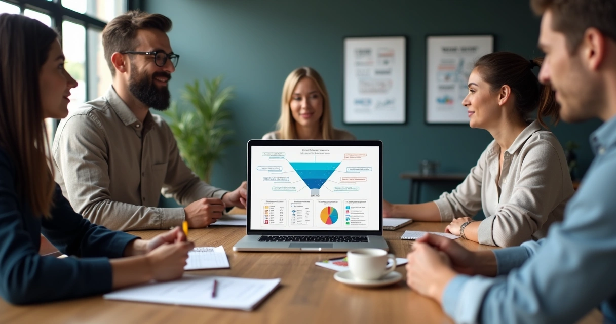 Equipe de agência digital reunida em volta de notebook discutindo vendas