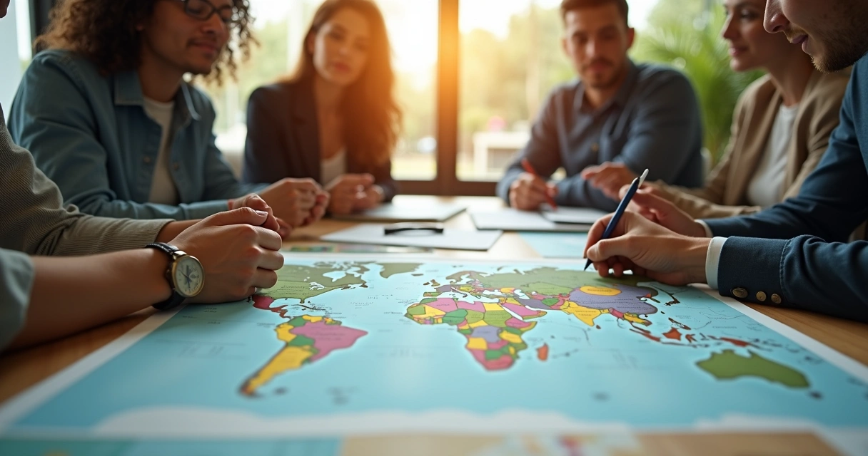 Equipe de agência reunida analisando roteiros sustentáveis com folhetos verdes e mapa. 