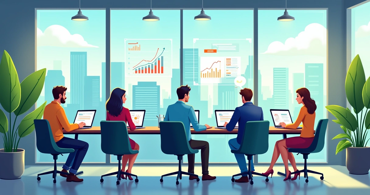 Agência de SEO moderna com profissionais trabalhando em equipe, gráficos de métricas e cidade ao fundo.