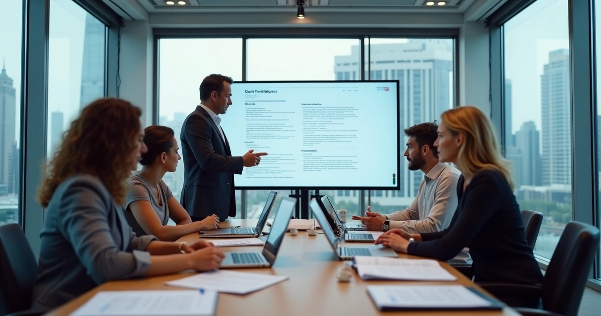 Equipe de tradutores profissionais reunida em sala de reuniões 