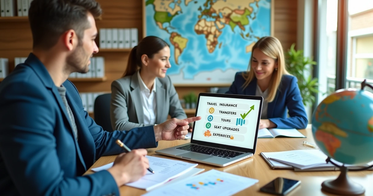 Consultor de viagens apresentando serviços extras a casal em agência moderna 