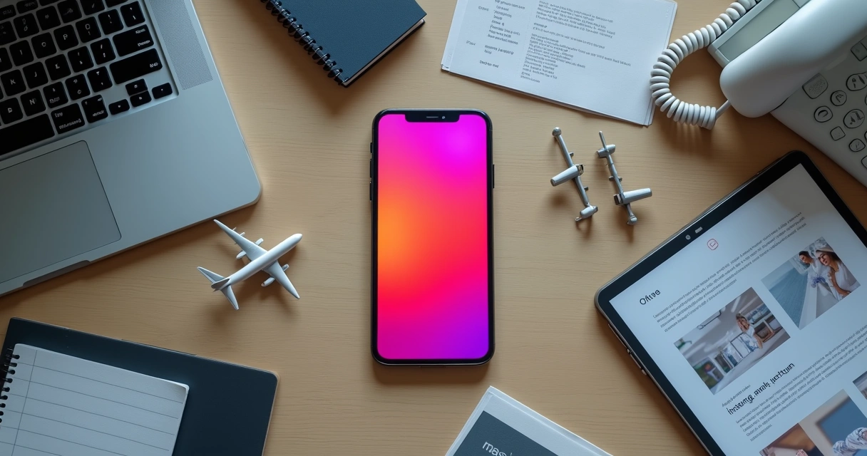 Mesa de agência de viagens com vários canais de marketing offline e online mas apenas o Instagram colorido 