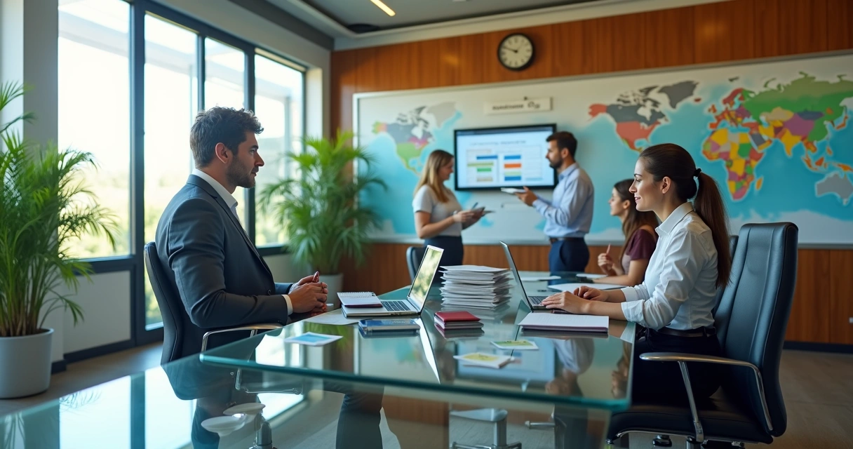 Equipe de agência de viagens trabalhando sozinha em escritório enquanto cadeira do gestor está vazia 