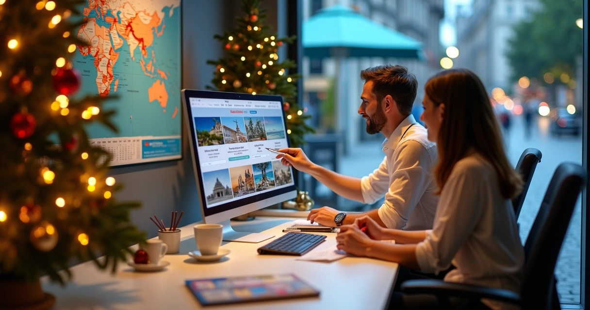 Consultor de viagens apresentando pacotes de fim de ano para casal em agência decorada de Natal 