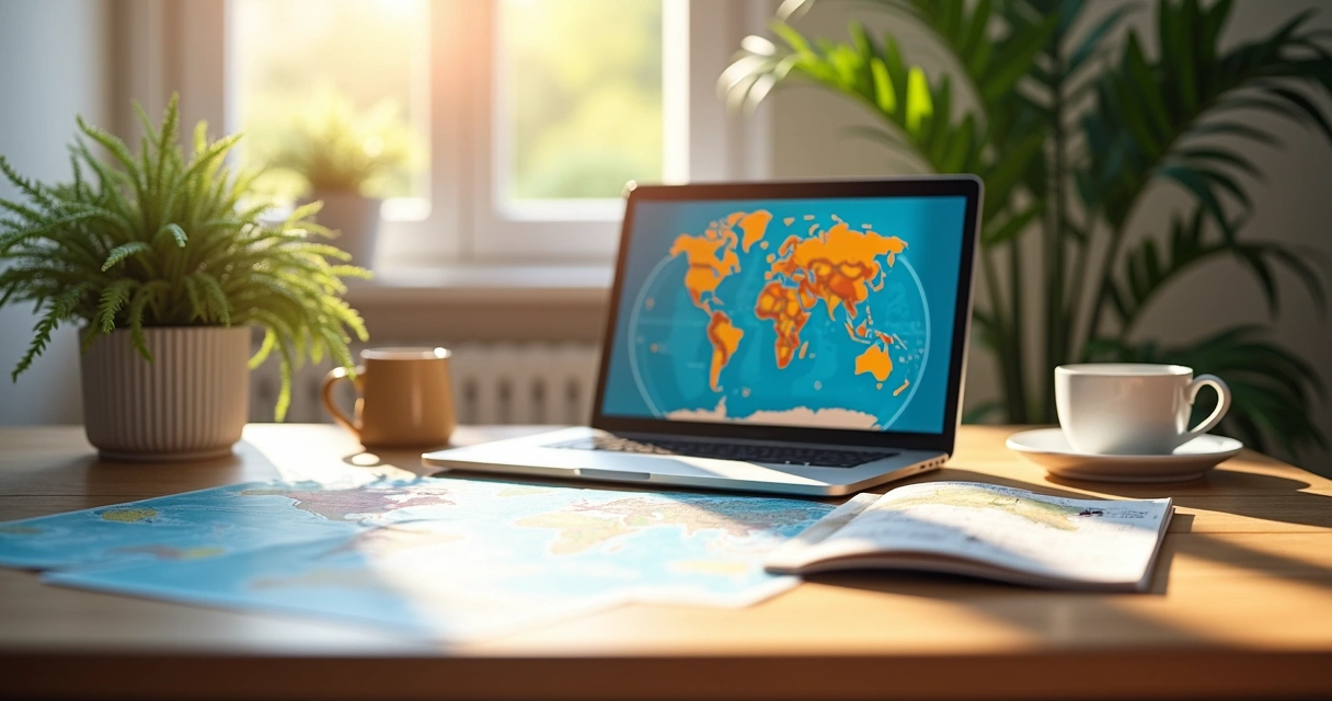 Trabalhando em home office com mapas e notebook organizados na mesa 