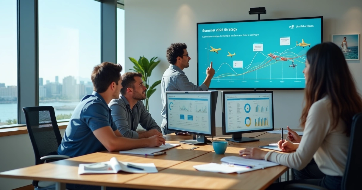 Equipe de agência de viagens planejando alta temporada de verão em escritório moderno 