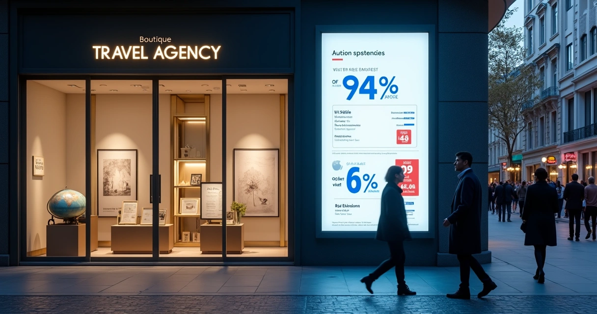 Vitrine de agência de viagens de luxo destacando viagens premium em contraste com anúncios de preços baixos em tela digital 