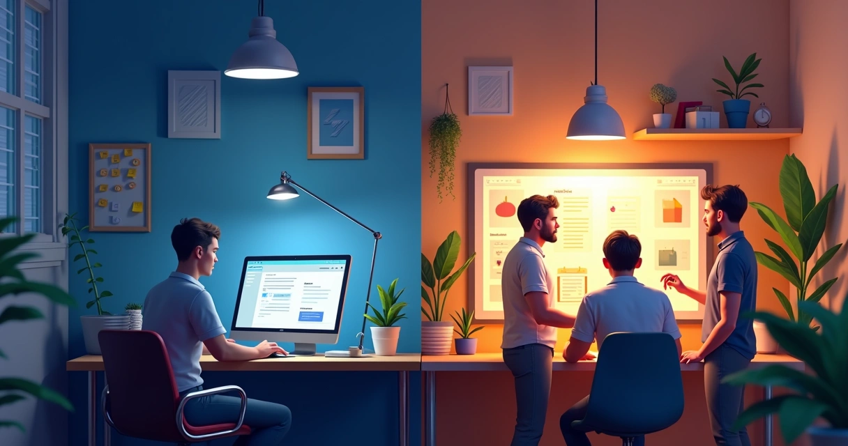 Comparação visual entre freelancer e equipe de agência. 