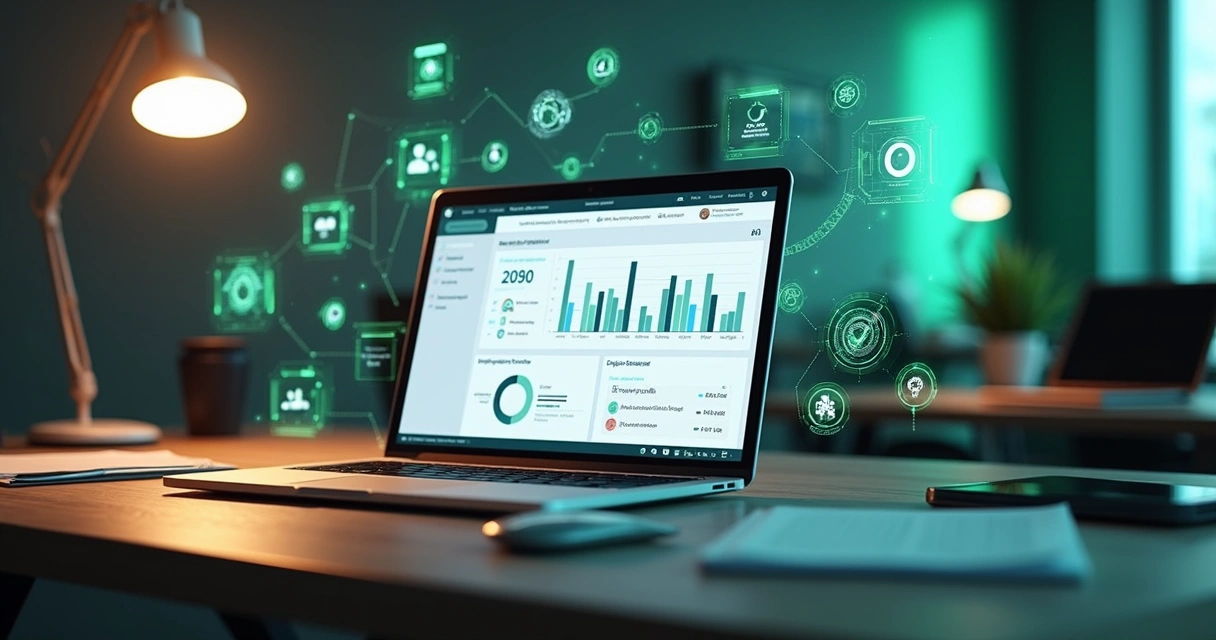 Computador em mesa moderna exibindo interface de automação no WhatsApp com gráficos e mensagens 