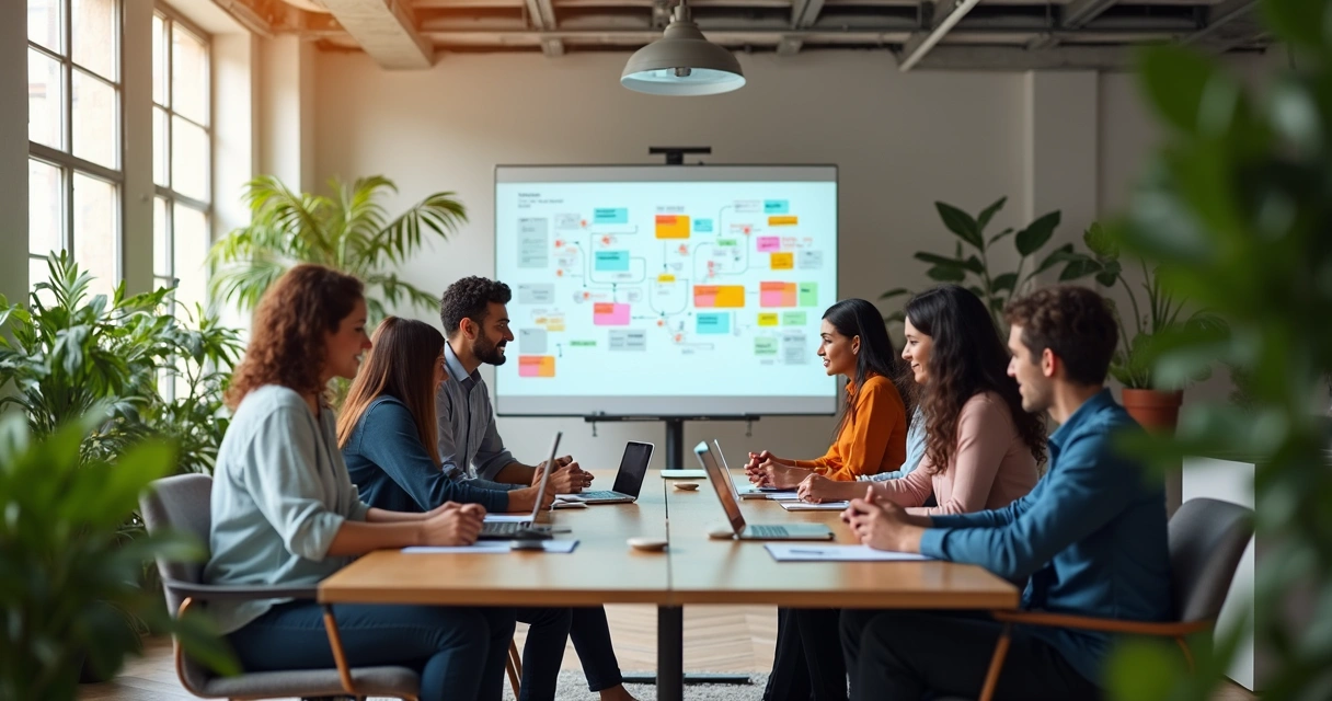 Equipe de agência discutindo fluxo de IA para pequena empresa 
