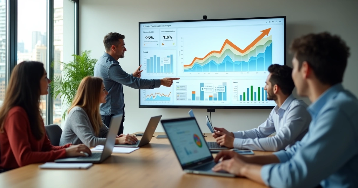 Profissionais de marketing reunidos em mesa de reunião analisando gráficos digitais 