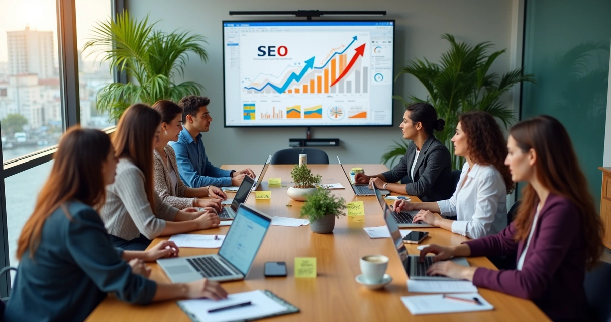 Equipe de marketing em reunião estratégica em escritório moderno 