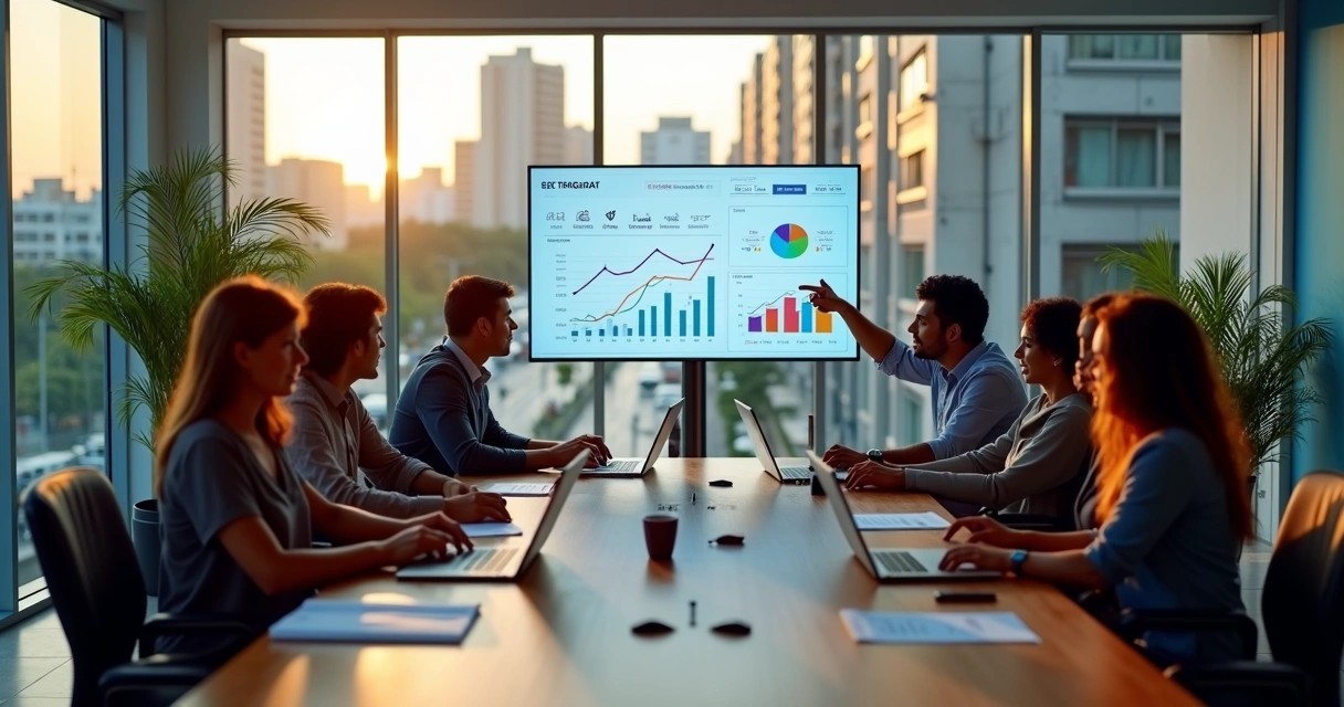 Equipe de marketing reunida em escritório moderno em Aparecida de Goiânia analisando gráficos de desempenho 