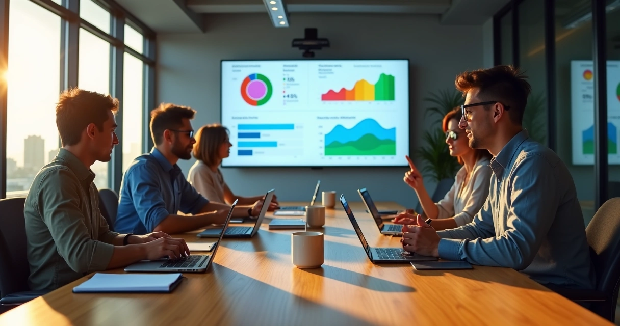 Equipe de marketing reunida em escritório moderno em Aracaju analisando gráficos digitais 