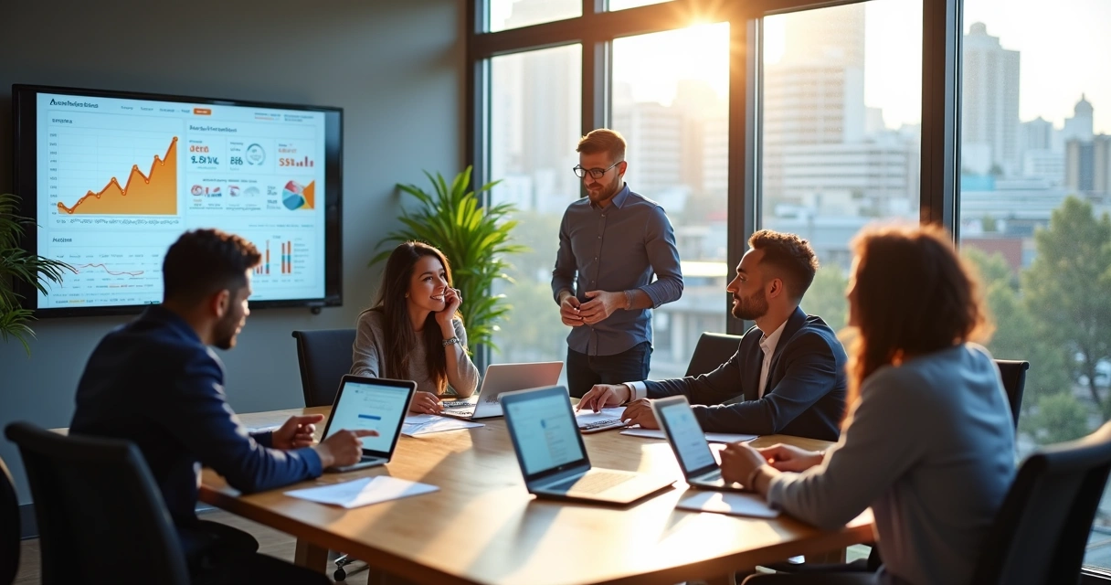 Equipe de marketing reunida em escritório moderno analisando gráficos em Araçatuba 