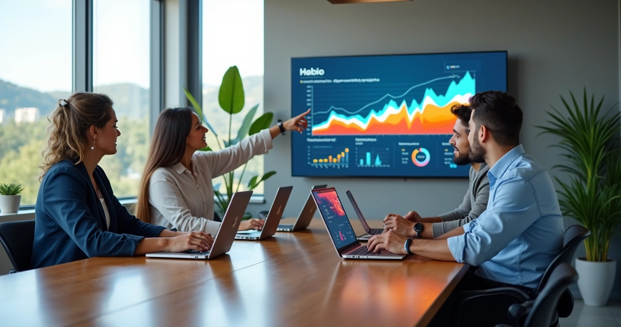 Equipe de marketing reunida em mesa de reunião moderna analisando gráfico de desempenho 