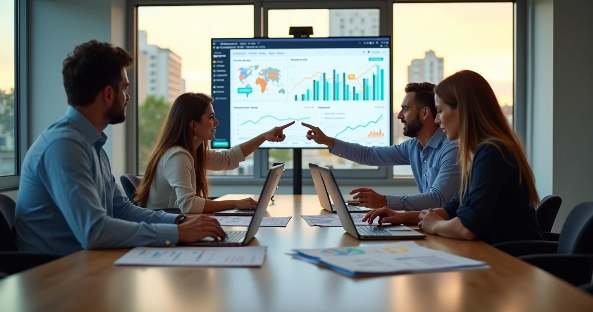 Equipe de marketing em reunião estratégica em escritório moderno 