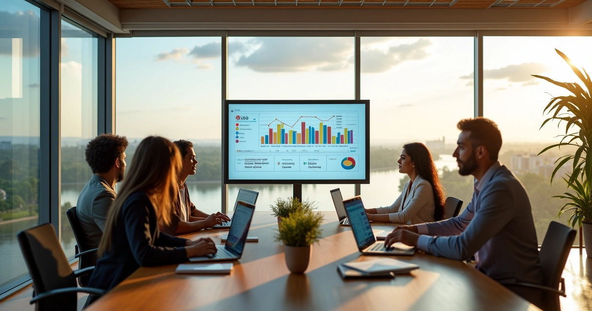 Profissionais de marketing em reunião com vista para a cidade de Belém ao fundo 