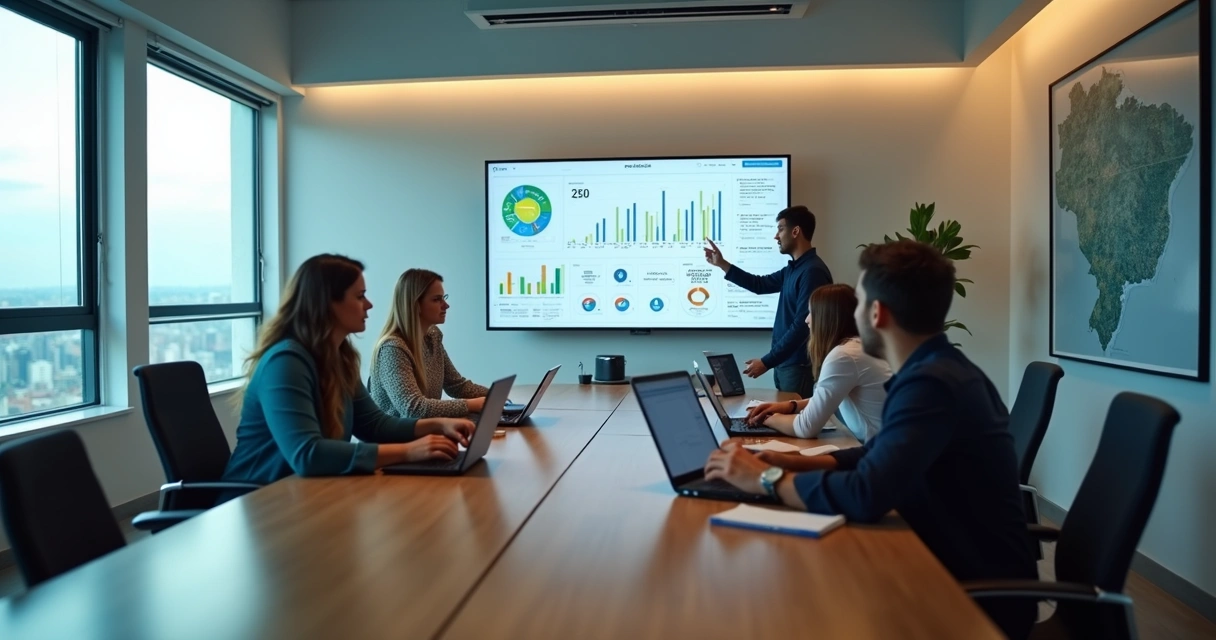 Profissionais de marketing reunidos em frente a computador com gráficos em Cabo de Santo Agostinho 