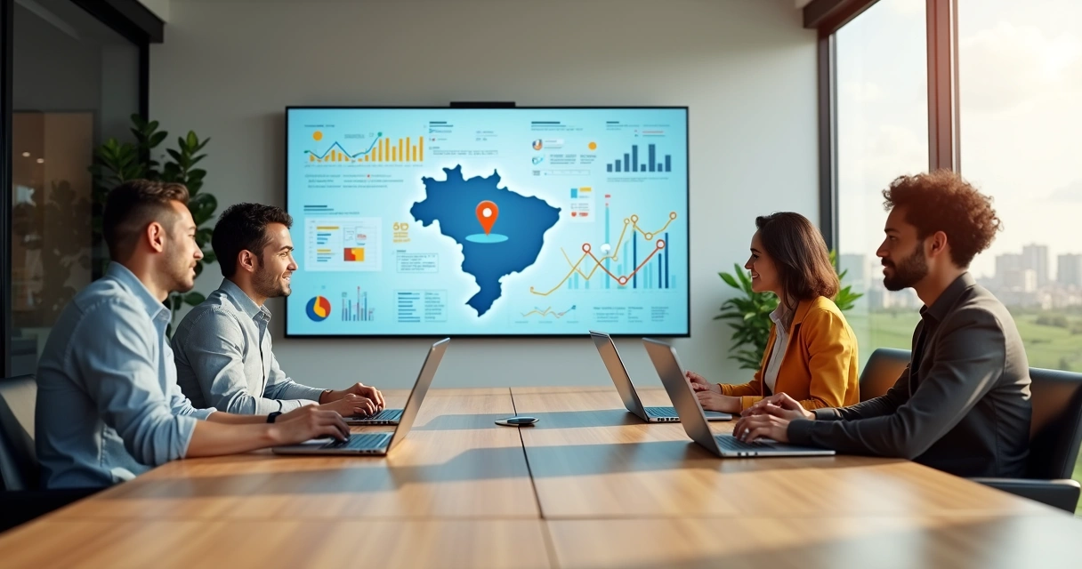 Mesa de reunião com equipe de marketing analisando gráficos digitais em escritório moderno 