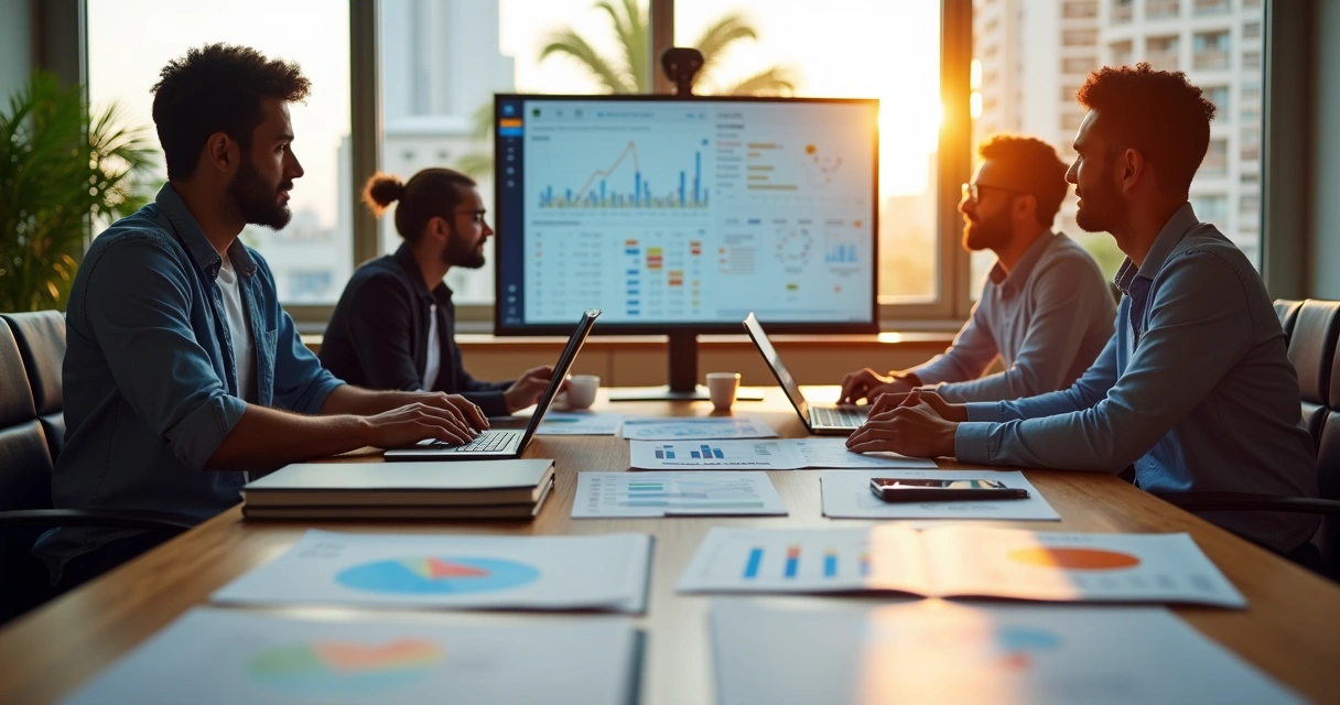 Equipe de marketing reunida em escritório moderno analisando gráficos em laptops 