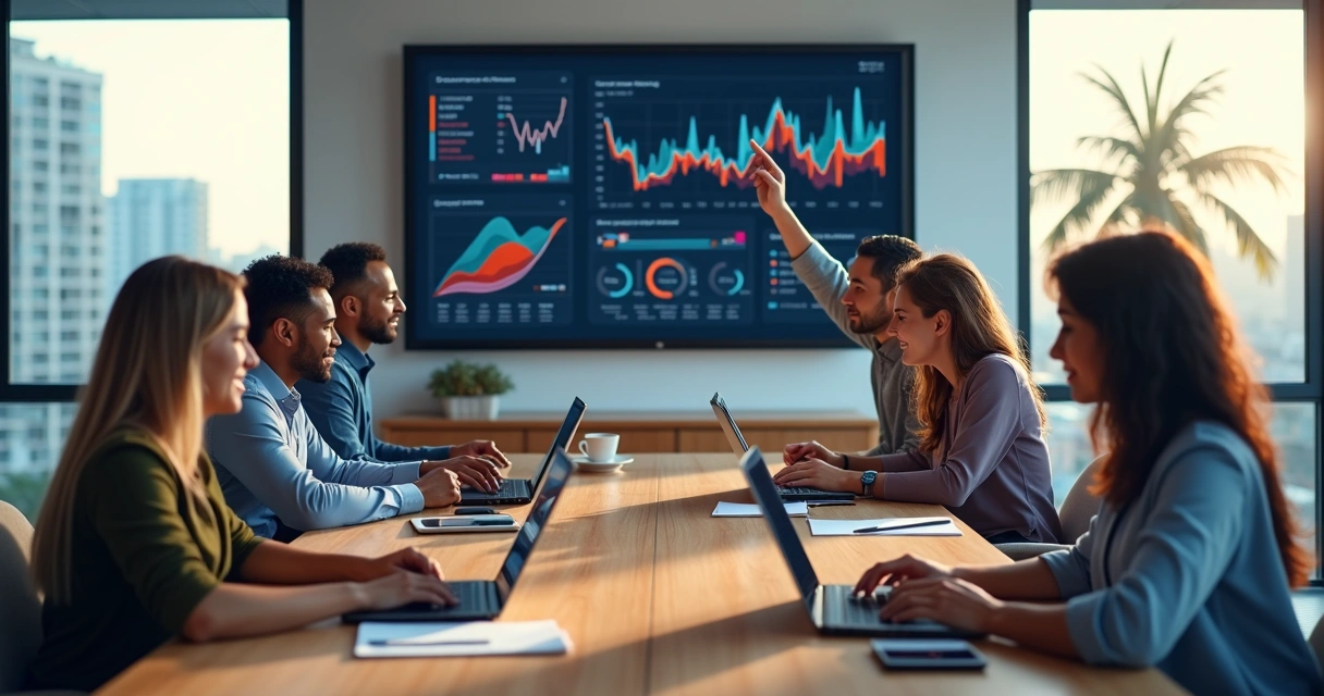 Equipe de marketing reunida em escritório moderno analisando gráficos de desempenho 