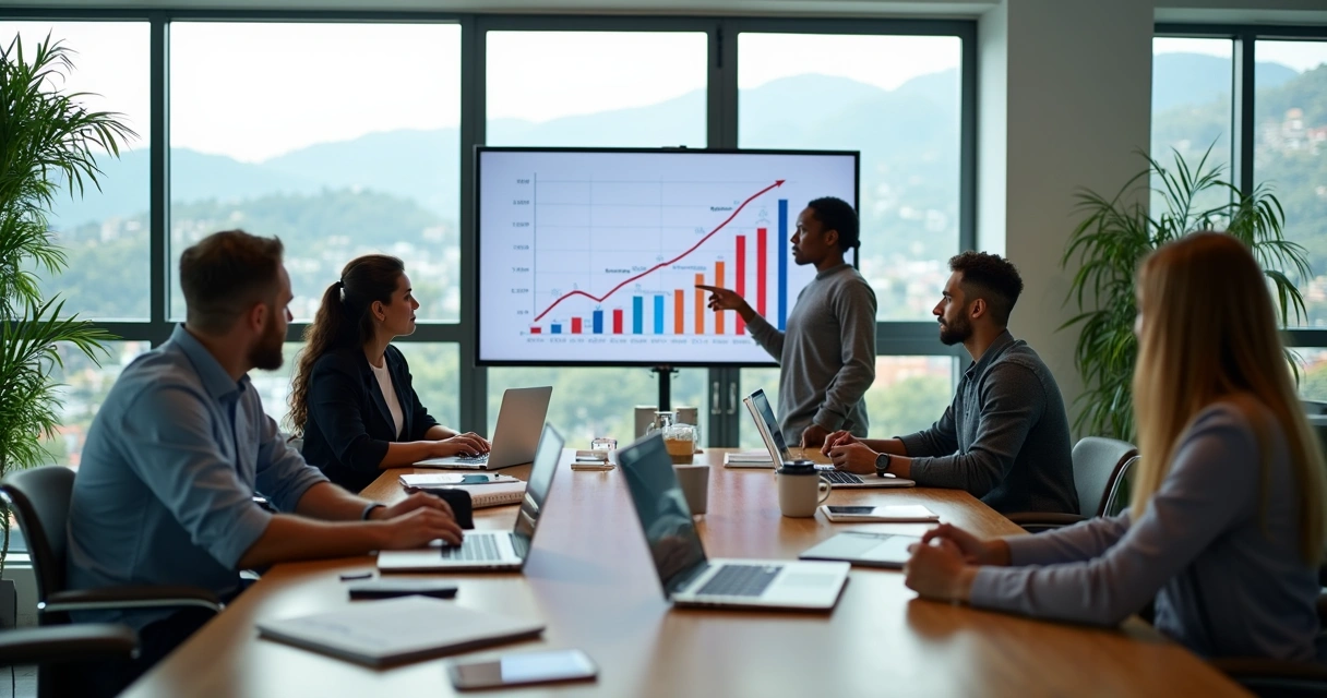 Reunião de marketing em escritório moderno com vista para Caxias do Sul 
