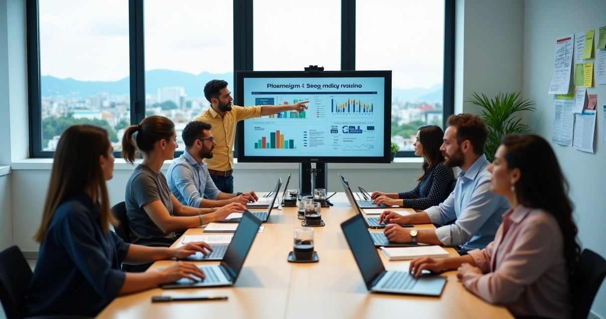 Equipe de marketing em reunião estratégica em escritório moderno de Caxias 