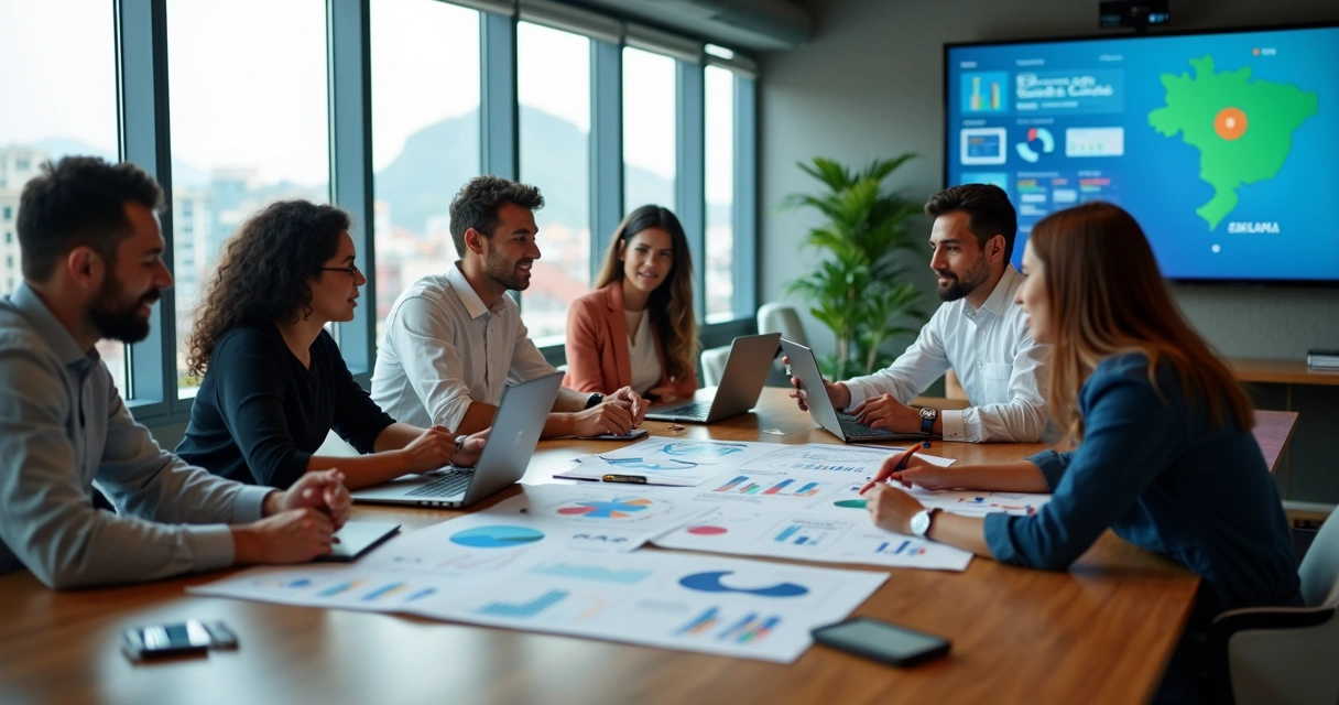 Equipe de marketing reunida em escritório moderno analisando gráficos de desempenho 