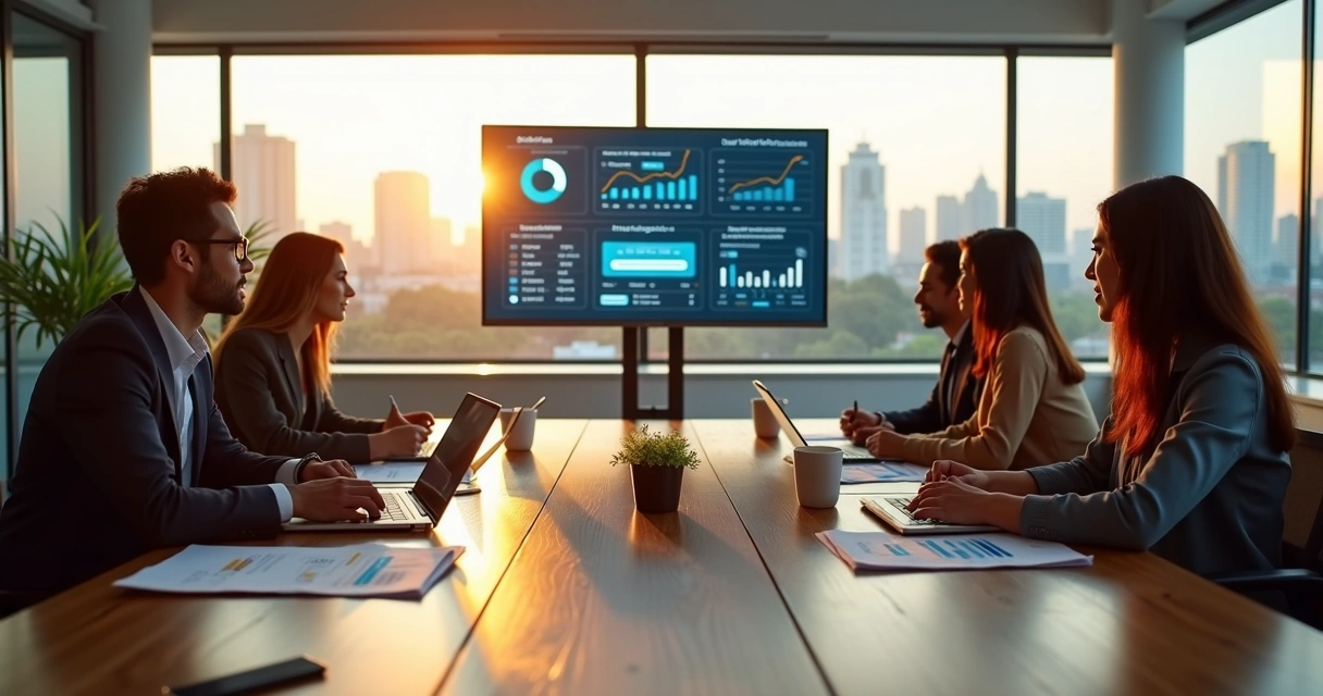 Equipe de marketing reunida em mesa de reunião moderna em Cuiabá analisando gráficos digitais 