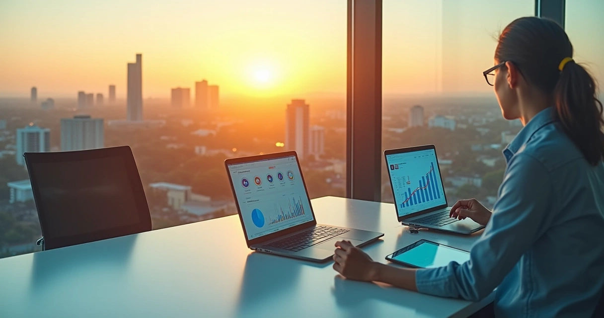 Vista aérea de Brasília com profissionais de marketing digital trabalhando em notebooks sobrepostos 